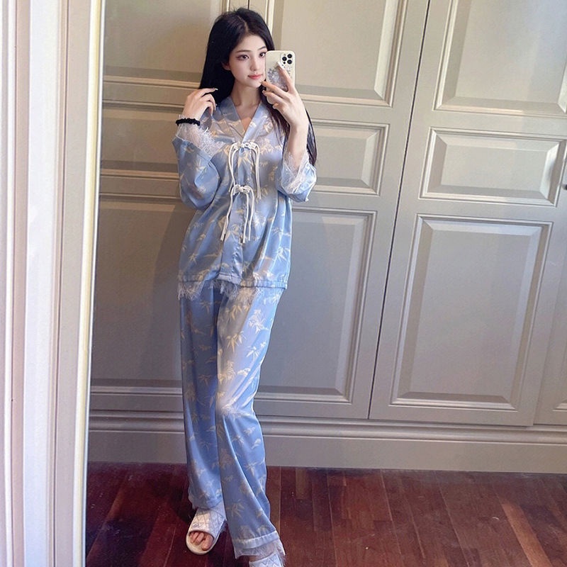 Bộ Đồ Ngủ Tay Dài In Họa Tiết Phong Cách Trung Hoa lf9.28
