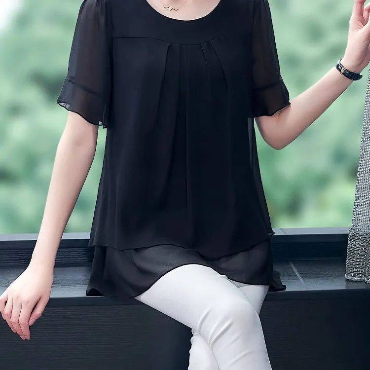 Ch t L Ng cao O áo Sơ Mi Voan Ngoại Cỡ Che Bụng Ngắn Tay Vừa Vặn Mùa Hè Mới Cho Phụ Nữ trung niên sh