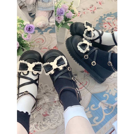 Giày Da Mũi Tròn Đế Bằng Cột Dây Kiểu lolita Dễ Thương