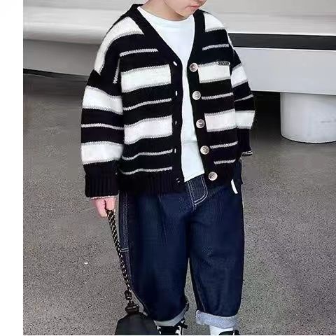 Áo Khoác Cardigan Dệt Kim Kẻ Sọc Rộng Thời Trang Xuân Thu Phong Cách Hàn Quốc Cho Bé Trai Và Gái