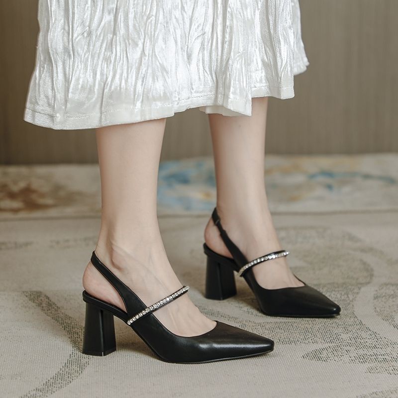 Giày Cao Gót Da pu Đính Đá Hở Ngón Đế Dày 5-8cm Cho Nữ