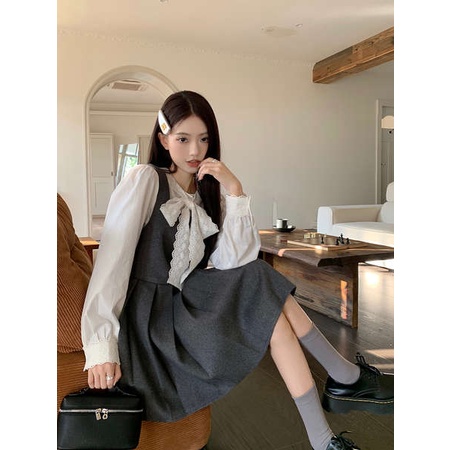 Váy mùa đông cho nữ sang chảnh set dạ tweed mùa đông Bộ đồ phong cách học đường kumikumi, áo sơ mi dài tay ren, váy liền ba lỗ mùa đông, váy ngắn hai chiếc
