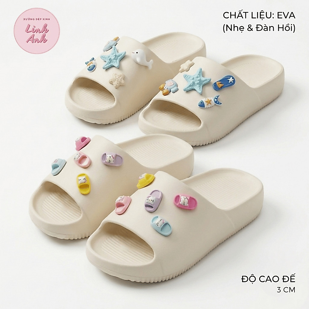 (TĂNG 1 SIZE) Dép bánh mì, dép lê nam nữ màu be kèm sticker chất caosu eva mềm đi êm chống trơn - HQ