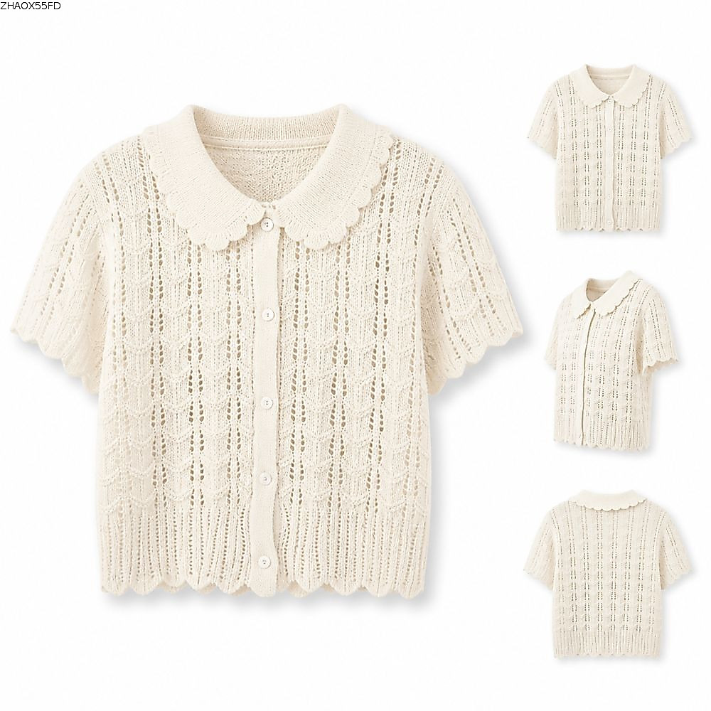 Áo sơ mi dệt kim ngắn tay ZHAOX55OI, nút phía trước kết cấu Openwork Crop Top, Peter Pan Collar Crop