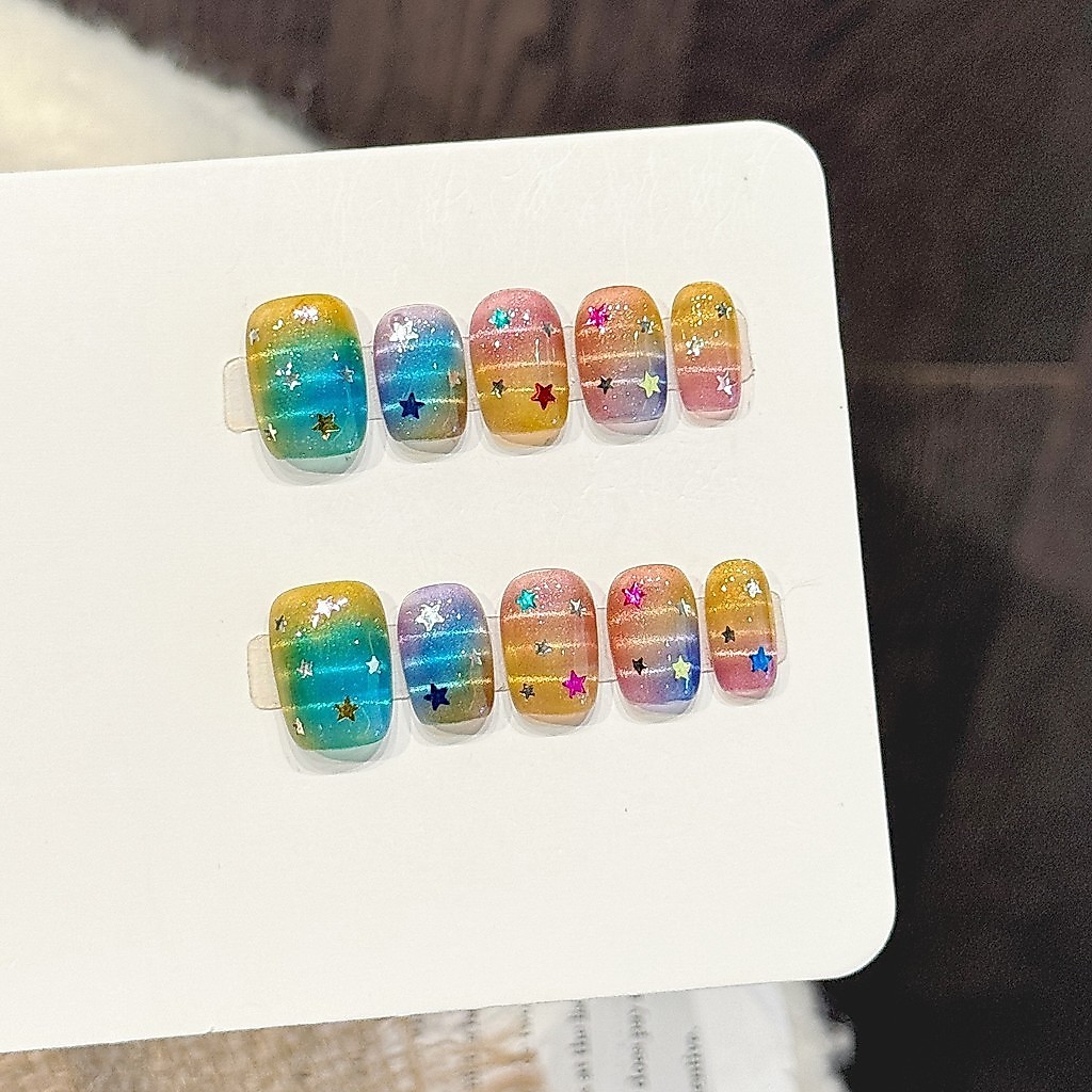[Rainbow Star Phantom Color] Rainbow Gradient Star Flash Piece Handmade Đeo Móng Tay Dreamy Làm Móng