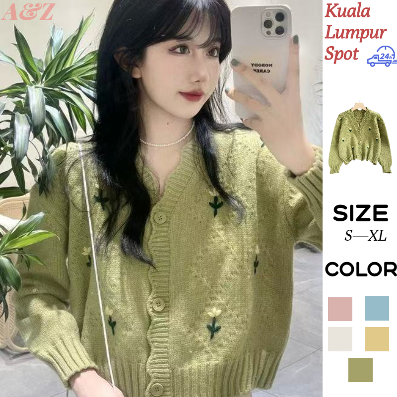 A&Z Knitted cardigan women Jaket knitwear V-neck longgar lengan panjang bunga bersulam