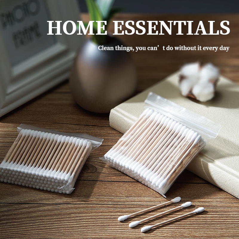 Tăm bông ngoáy tai,100 bông ráy tai thân gỗ khử trùng 2 đầu thân thiện với môi trường