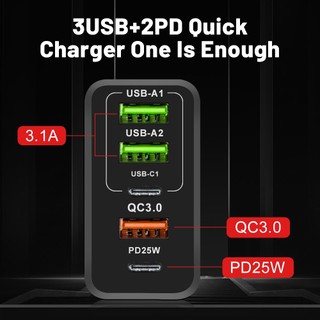 Củ Sạc Nhanh 65W Cổng Type C 2PD + 3 Cổng USB Cho Điện Thoại Android