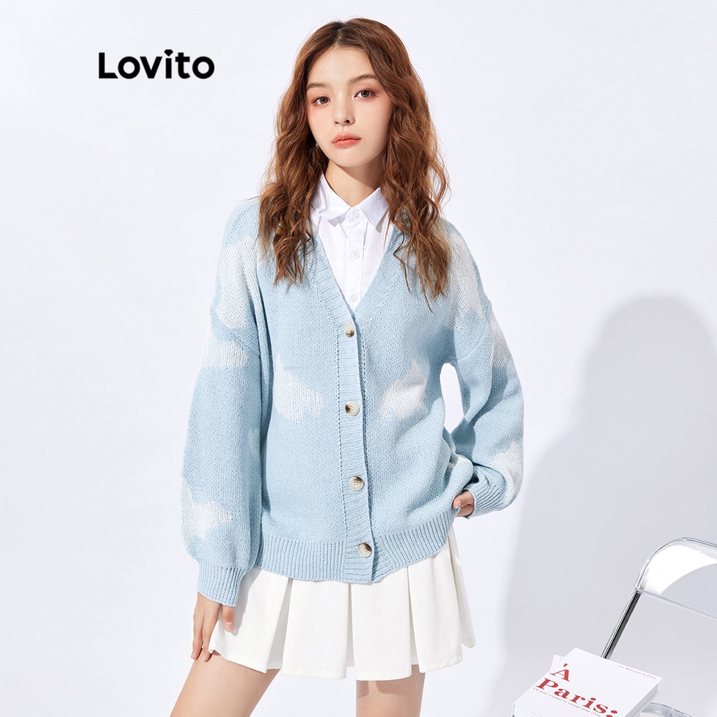 Áo cardigan Lovito L32FW050 dệt kim có nút tay dài họa tiết đám mây phong cách ngày thường Hàn Quốc cho nữ (màu xanh dương nhạt)