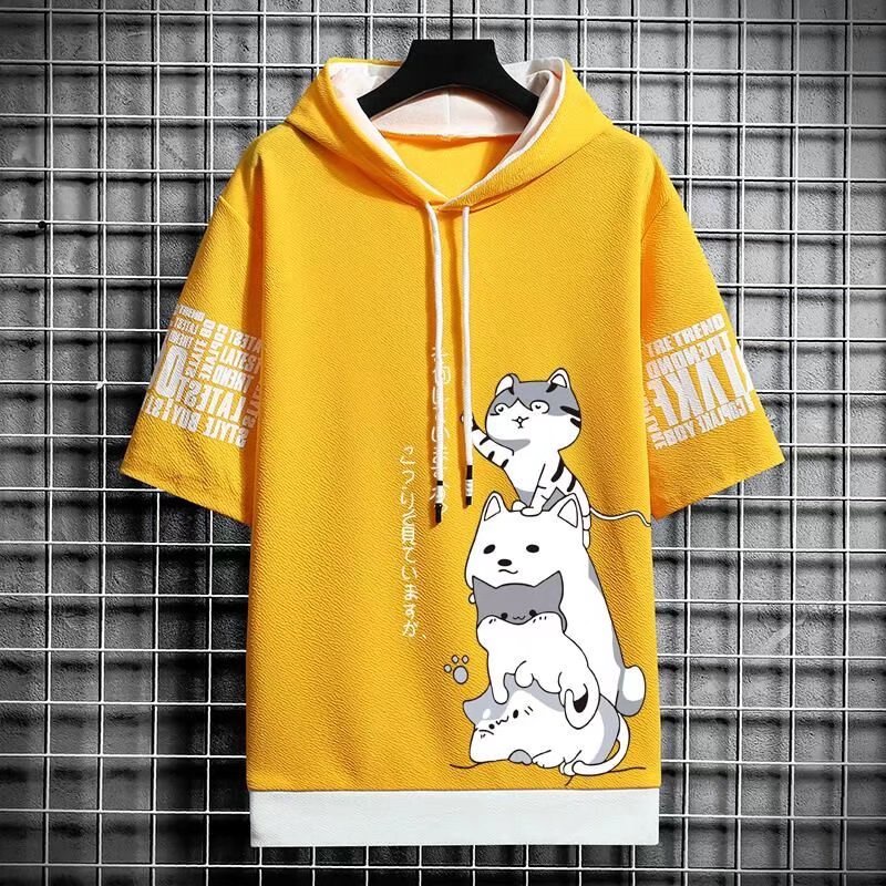 Áo Thun Hoodie Tay Ngắn Dáng Rộng Giả Nhiều Lớp In Hình Mèo Dễ Thương Thời Trang Mùa Hè Cho Nam Và Nữ Size S-3XL