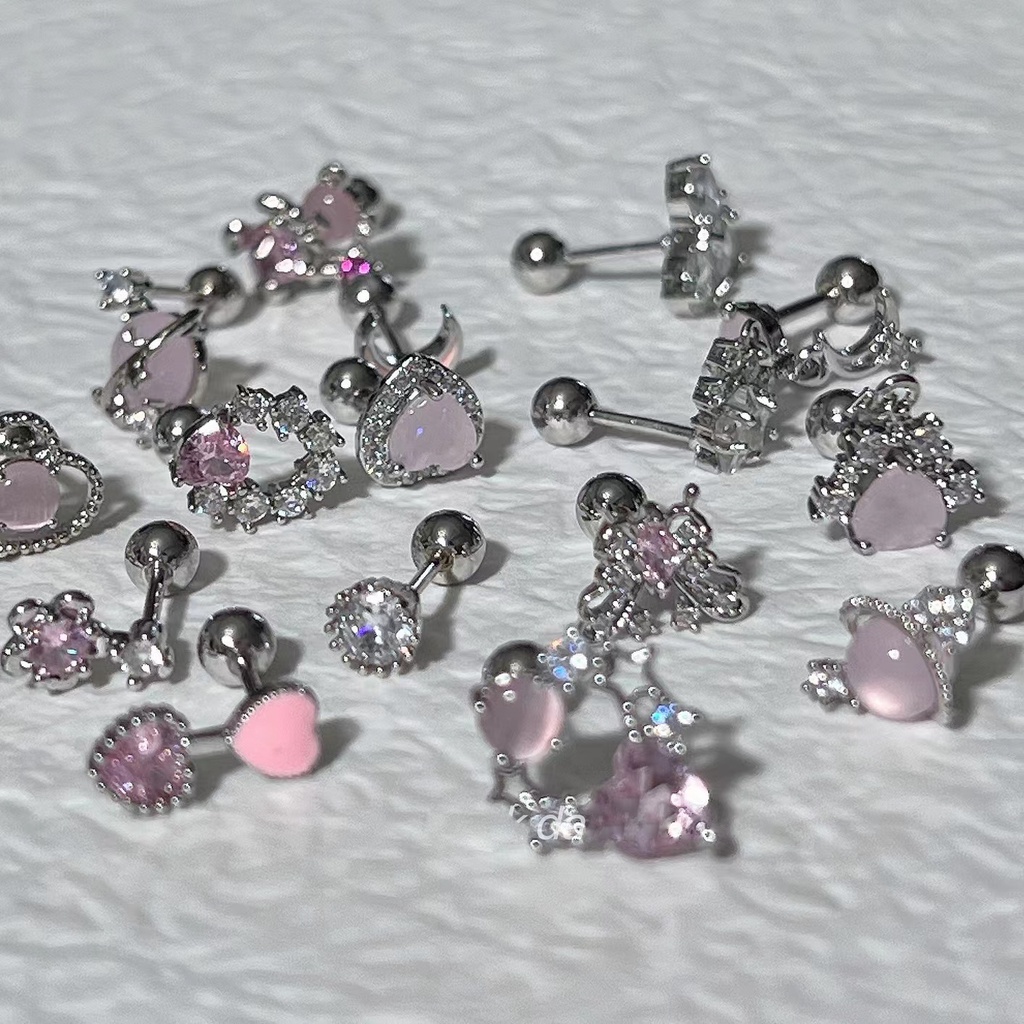 Bông Tai Mạ Bạc 925 Hình Bướm Hồng Đính Đá Zircon Toàn Diện Cho Nữ