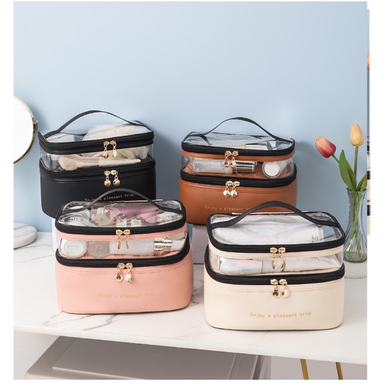 Túi Đựng Mỹ Phẩm Da PU Hai Lớp Trong Suốt Chống Thấm Nước Tiện Dụng Mang Đi Du Lịch