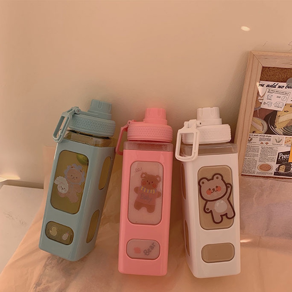 Bình Nước Cute Hình Vuông 700ml Kèm Stiker Dễ Thương