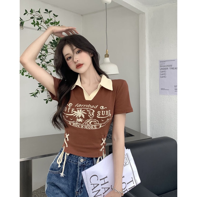 Áo Thun cotton Tay Ngắn Cổ polo In Họa Tiết LALISAS Phong Cách retro Mỹ