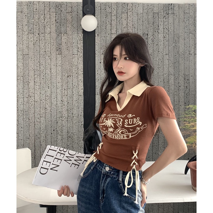 Áo Thun cotton Tay Ngắn Cổ polo In Họa Tiết LALISAS Phong Cách retro Mỹ