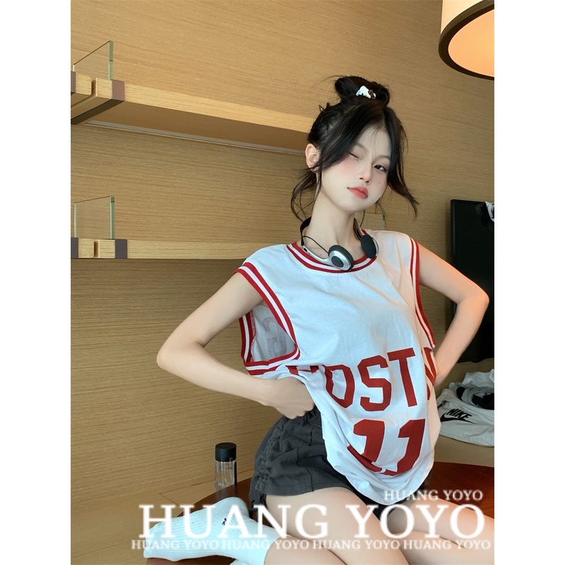 HUANG YOYO Áo Thun Thể Thao Sát Nách Dáng Rộng In Họa Tiết Trẻ Trung Phong Cách Hàn Quốc Cho Bạn Gái