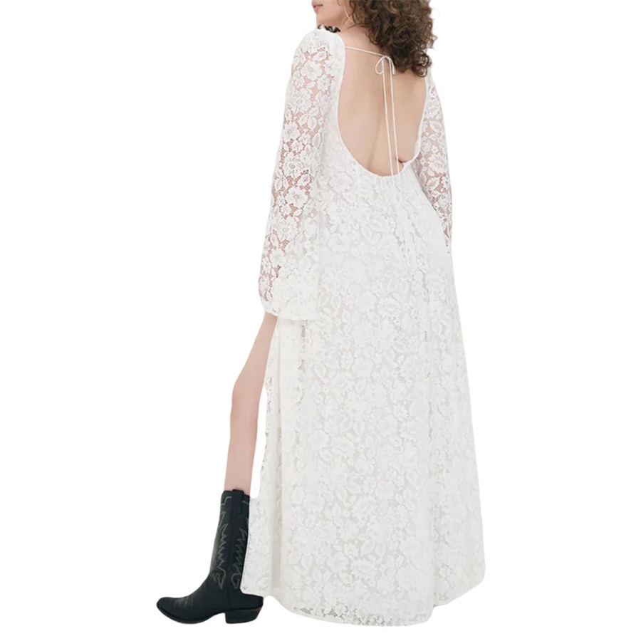 Đầm Ren Trắng Dáng Dài Cổ V Xẻ Tà Cao Tay Dài Hở Lưng Quyến Rũ Cho Nữ