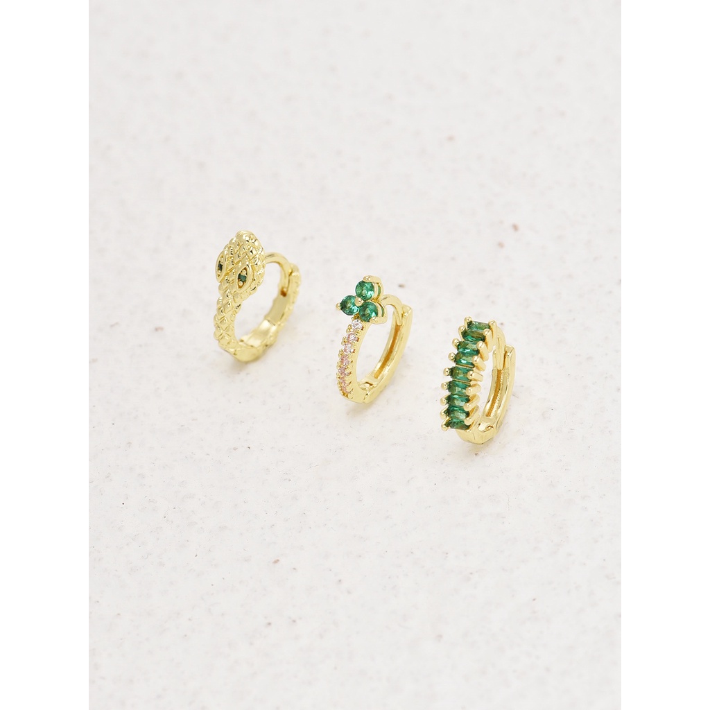 Bộ 3 Bông Tai Mạ Vàng 14k Hình Rắn Đính Đá Zircon Thời Trang Cho Nữ