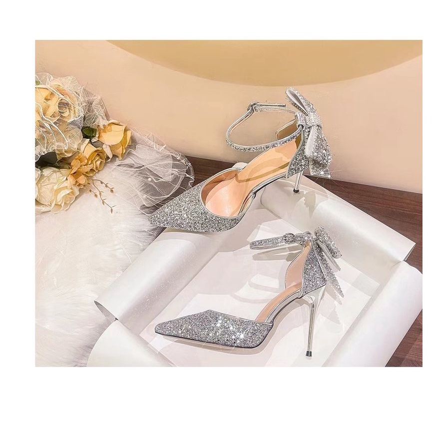Giày Cao Gót Mũi Nhọn Đính Kim Sa Lấp Lánh Thời Trang Đám Cưới