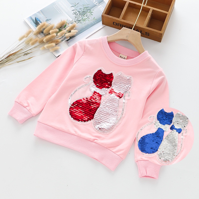 Áo sweater cotton Tay Dài Đính Kim Sa Hình Mèo Đảo Ngược Được Thiết Kế Thời Trang Chất Lượng Cao Cho Bé Gái 2-12 Tuổi