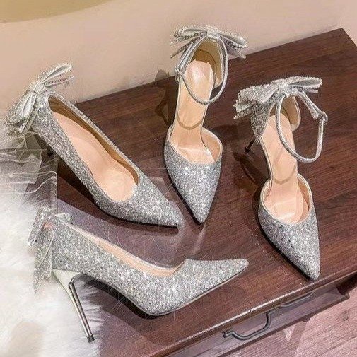 Giày Cao Gót Mũi Nhọn Đính Kim Sa Lấp Lánh Thời Trang Đám Cưới