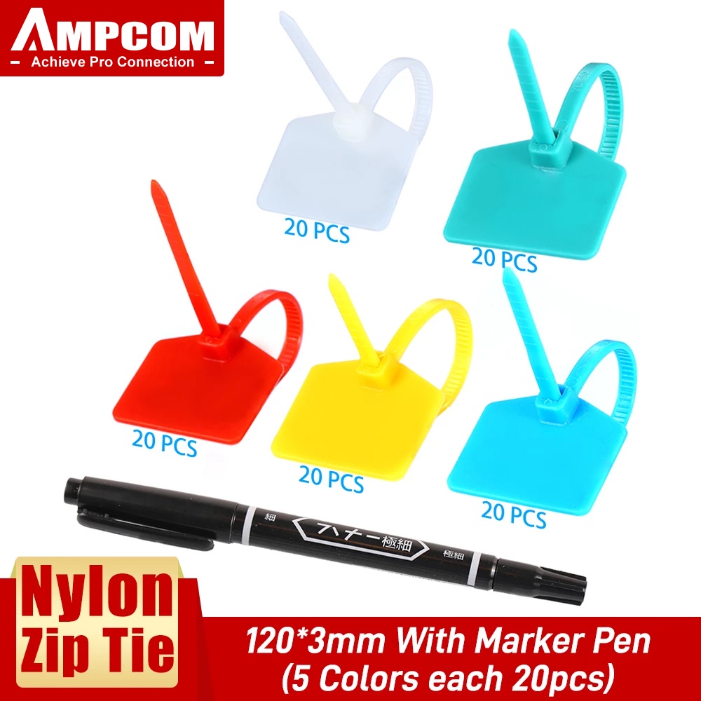 AMPCOM Nhãn dán cáp nylon với kẹp buộc dây - Ghi chú trên dây Ethernet | Tự khóa | Nhãn dán có thể in miễn phí - Chiều dài 4.72 inch, 5 màu