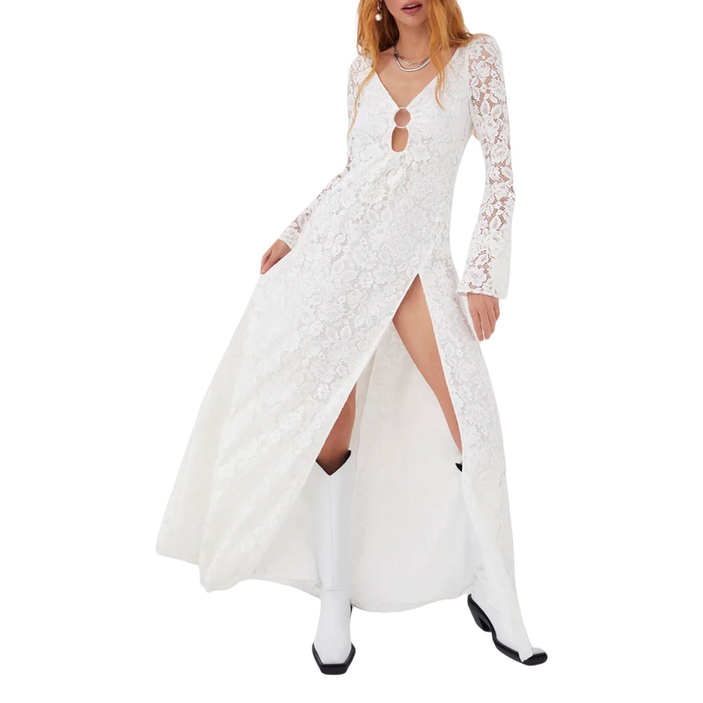 Đầm Ren Trắng Dáng Dài Cổ V Xẻ Tà Cao Tay Dài Hở Lưng Quyến Rũ Cho Nữ