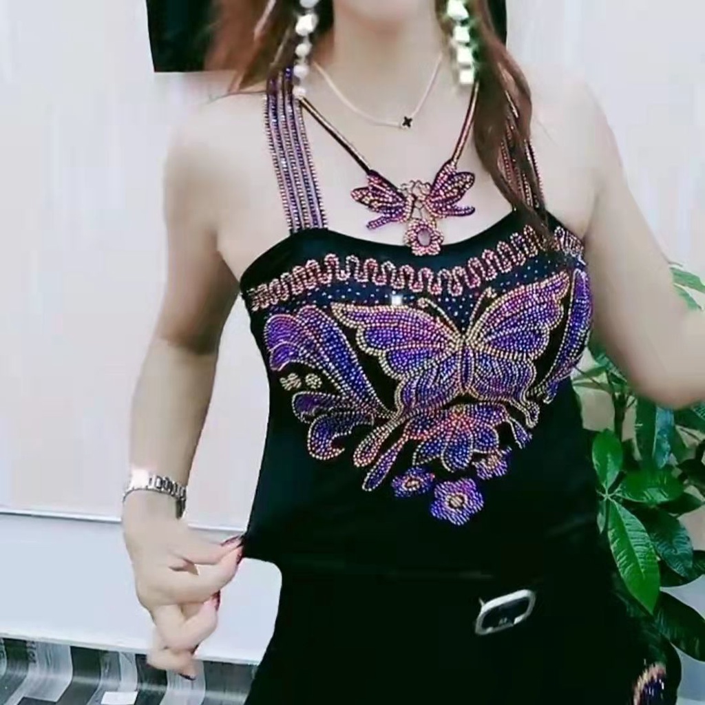 Áo Hai Dây Hở Lưng Họa Tiết Bướm Đính Đá Quyến Rũ Cho Nữ