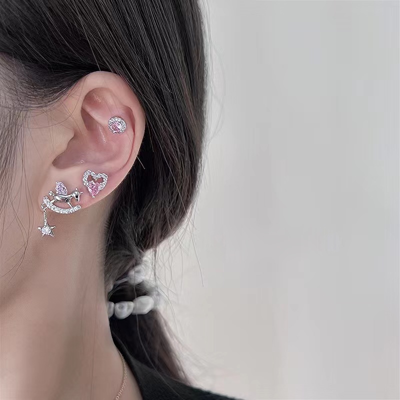 Bông Tai Mạ Bạc 925 Hình Bướm Hồng Đính Đá Zircon Toàn Diện Cho Nữ