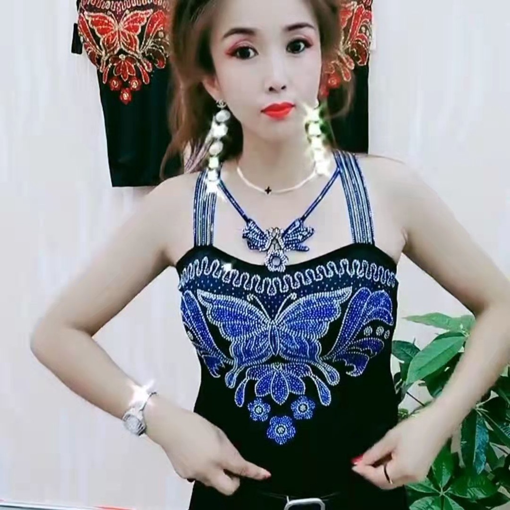 Áo Hai Dây Hở Lưng Họa Tiết Bướm Đính Đá Quyến Rũ Cho Nữ