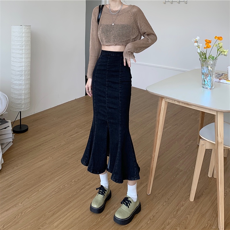 Chân váy jean Chữ a Lưng Cao Co Giãn Xẻ Tà Trước Và Sau Thời Trang Cho Nữ