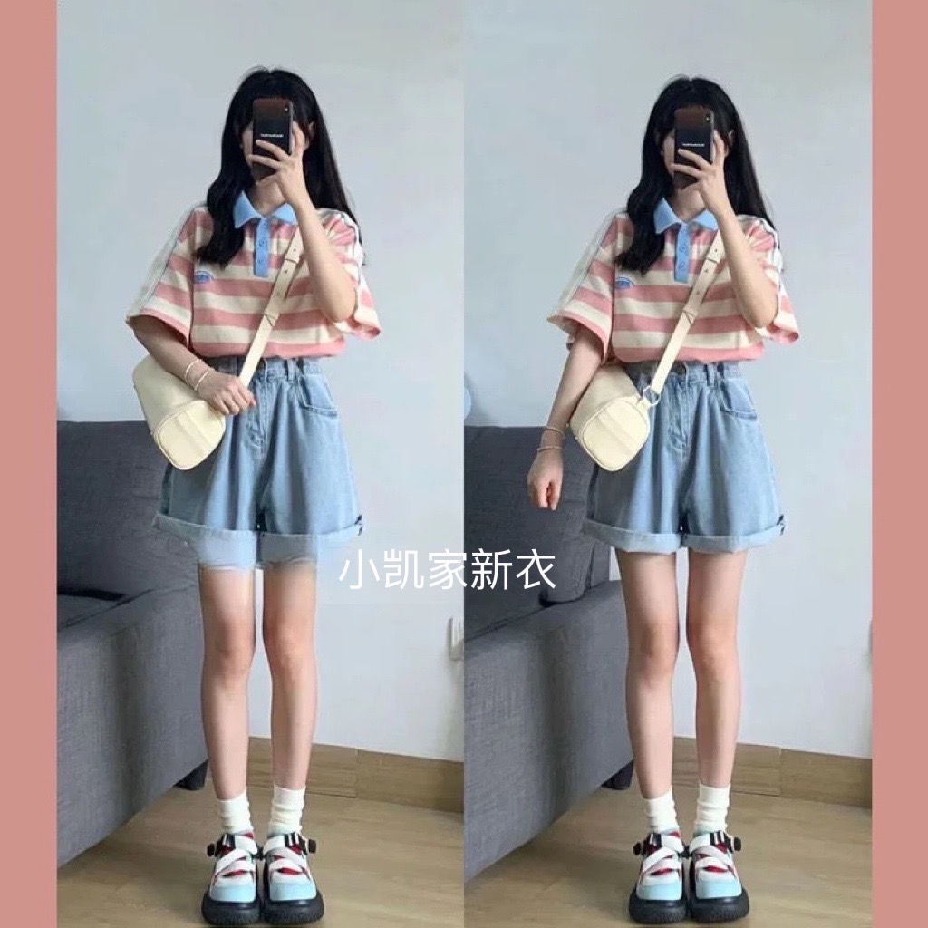 Set Áo Thun POLO Tay Ngắn Và Quần Short Họa Tiết Kẻ Sọc Phong Cách Preppy Thời Trang Mùa Hè 2023 Mới