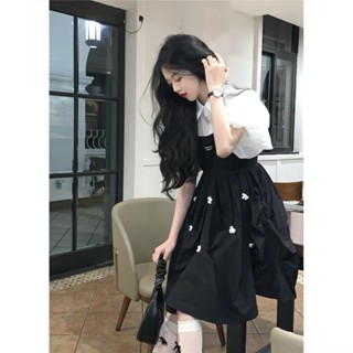 váy babydoll dáng dài đầm hoa nhí Áo Sơ Mi Tay Ngắn Phồng + Váy Yếm Phong Cách Nhật Bản Thời Trang Mùa Hè Cho Nữ