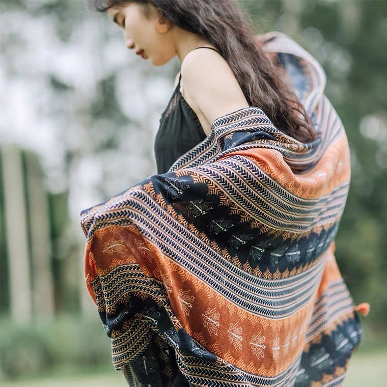 Áo Choàng Sa Mạc Vải Lanh cotton In Họa Tiết Thổ Cẩm Cho Nữ ph2.20