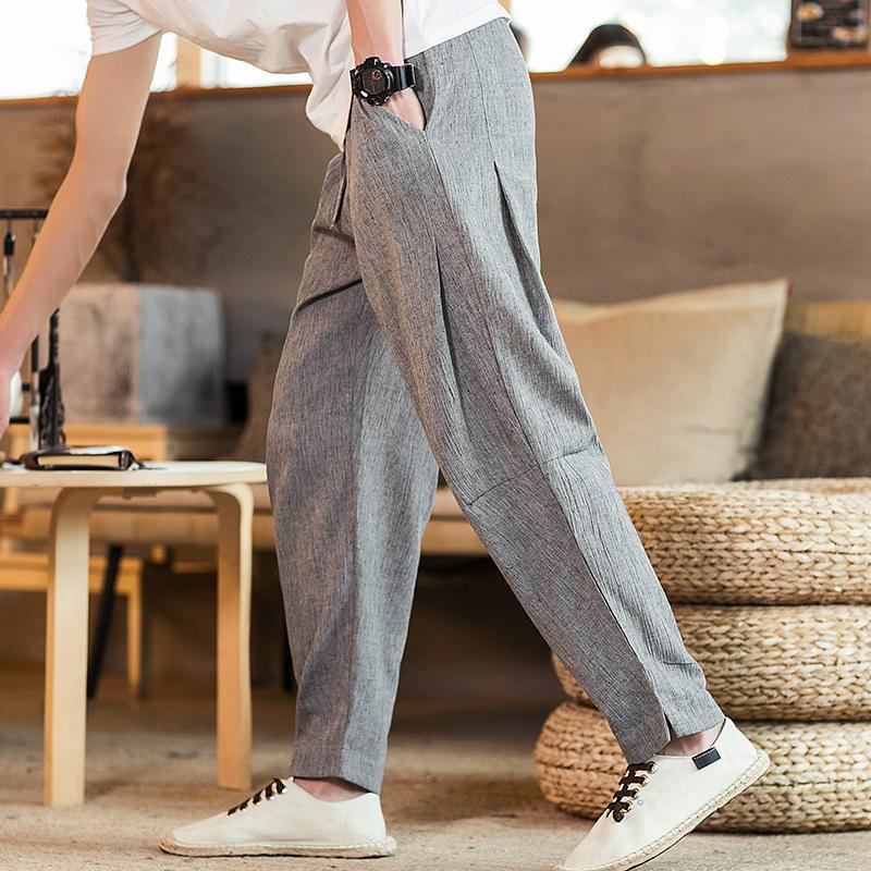 Quần Harem Vải Lanh Mỏng Ống Rộng Phong Cách Retro Trung Hoa Cho Nam Giới Có Size Lớn