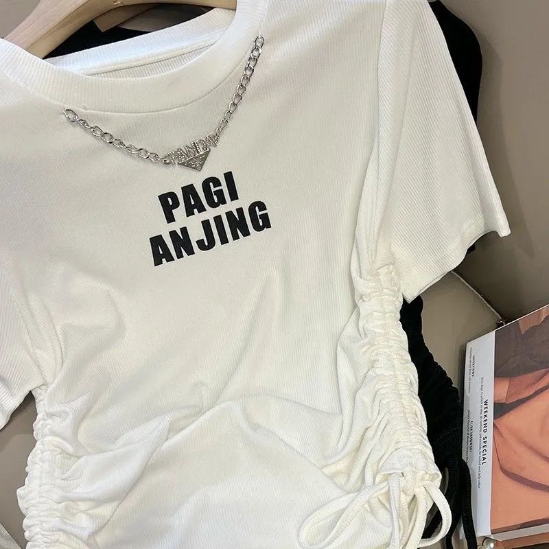 Áo Thun Tay Ngắn Cổ Tròn In Chữ Phối Dây Rút Thời Trang Mùa Hè Cho Nữ