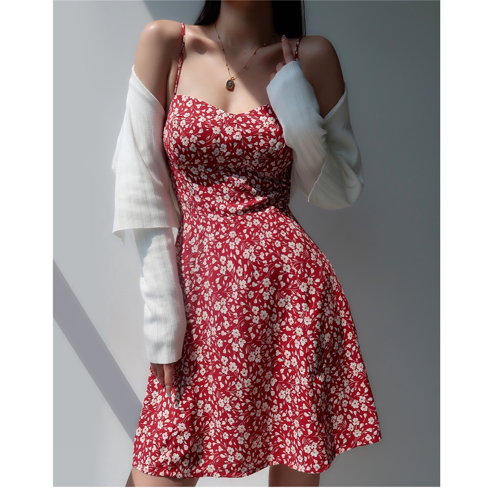 Cocory vn Đầm Hai Dây Cổ Chữ V Eo Cao Ôm Hông Họa Tiết Hoa retro Âu Mỹ Hot Cho Nữ