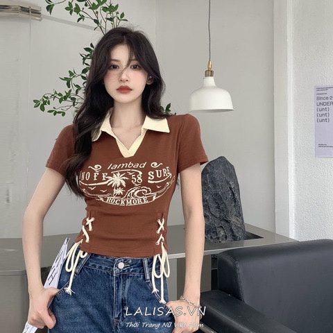 Áo Thun cotton Tay Ngắn Cổ polo In Họa Tiết LALISAS Phong Cách retro Mỹ
