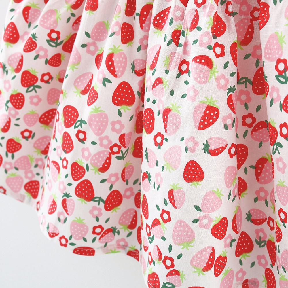 Đầm Hai Dây Cotton Họa Tiết Dâu Tây Đính Nơ Thời Trang Mùa Hè 2023 Cho Bé Gái