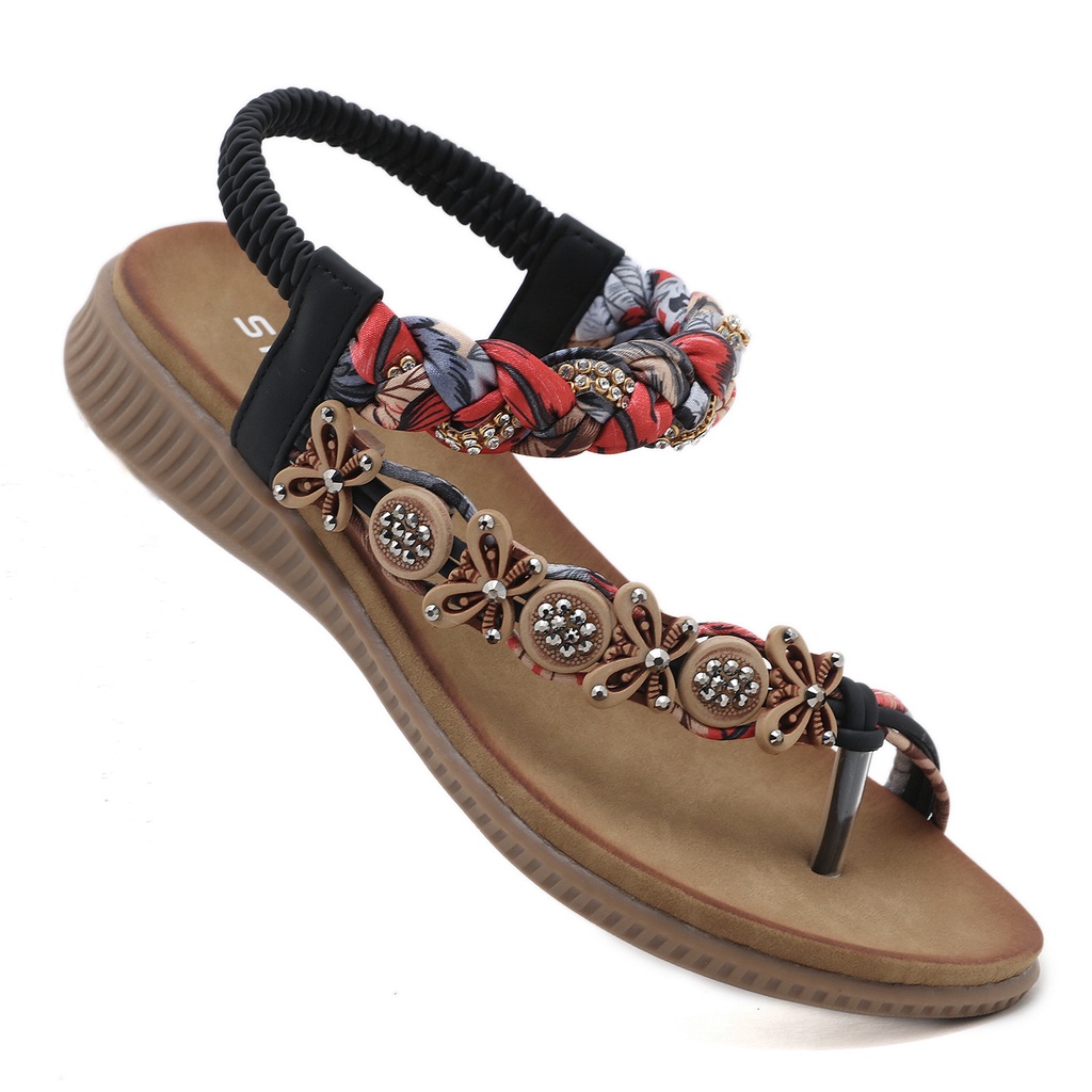 Hàng Có Sẵn Giày Sandal Bệt Đan Bằng Tay Đính Đá Ruy Băng Thoải Mái Phong Cách Bohemian San