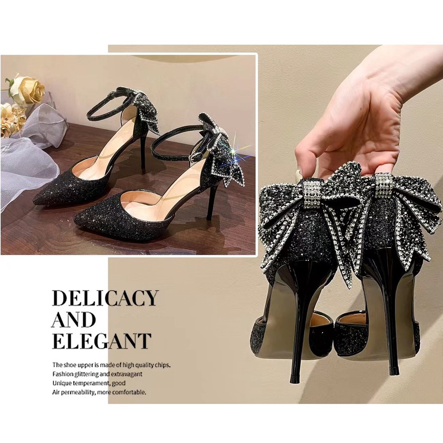 Giày Cao Gót Mũi Nhọn Đính Kim Sa Lấp Lánh Thời Trang Đám Cưới