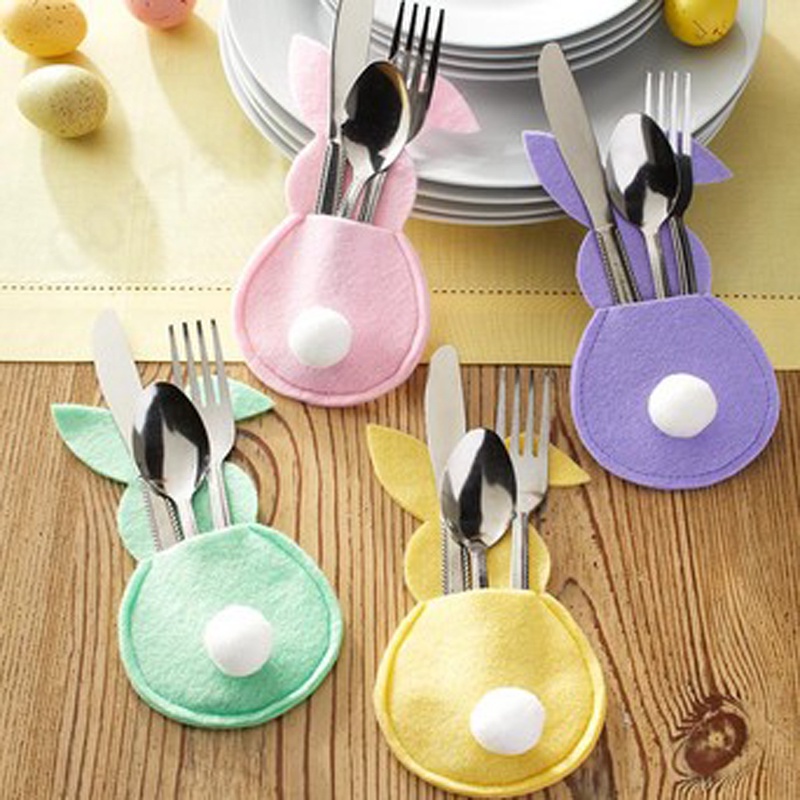 Set 4 Vỏ Bọc Đũa Nĩa Hình Thỏ Phục Sinh Bốn Màu Có Đuôi Bắt Mắt