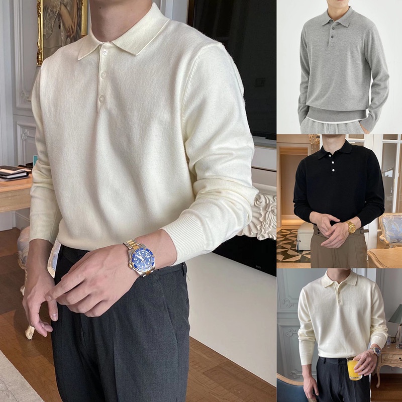 Áo polo Dệt Kim Tay Dài Màu Sắc Đơn Giản Phong Cách Hàn Quốc Cho Nam Size M-3xl