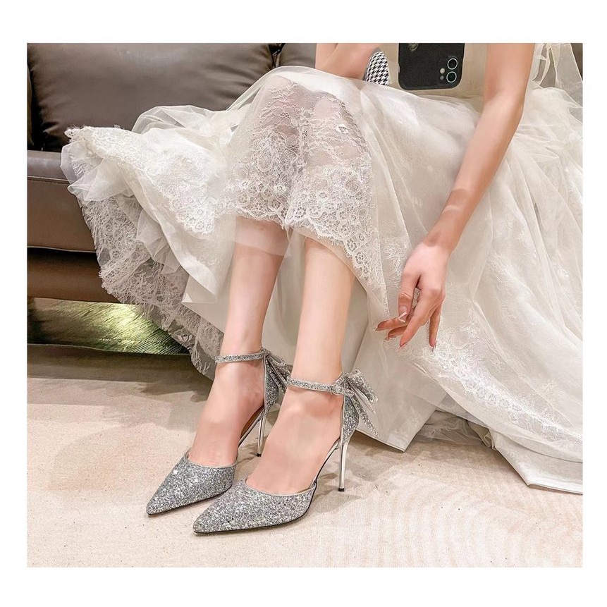Giày Cao Gót Mũi Nhọn Đính Kim Sa Lấp Lánh Thời Trang Đám Cưới