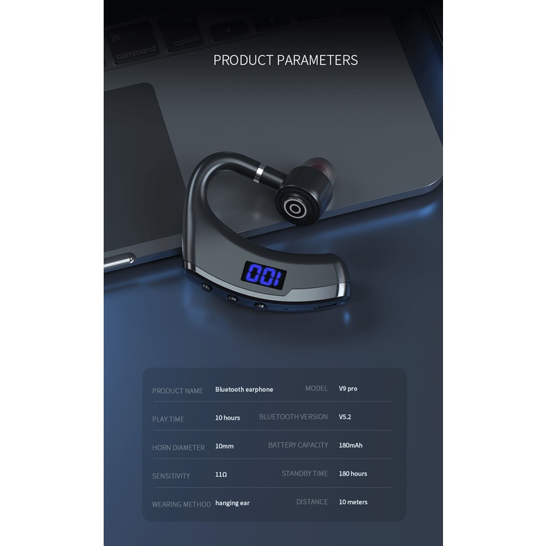 Tai Nghe Bluetooth V9Pro V9 Phong Cách Doanh Nhân Có Màn Hình LED Hiển Thị 270 Độ°Tai Nghe HiFi Không Dây ENC Xoay Được Có Mic Chống Nước