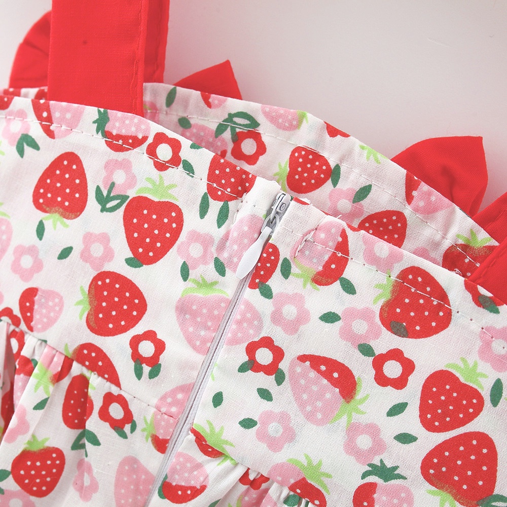 Đầm Hai Dây Cotton Họa Tiết Dâu Tây Đính Nơ Thời Trang Mùa Hè 2023 Cho Bé Gái