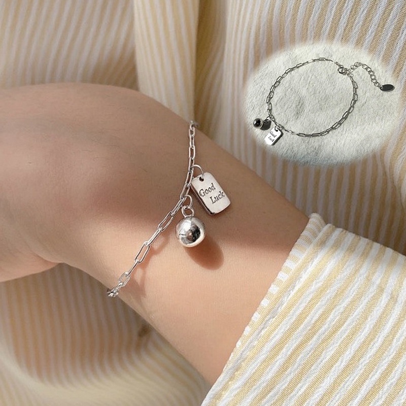 Vòng tay RINHOO FRIENDSHIP bạc s925 dạng chuỗi hạt vuông khắc chữ may mắn phong cách Hàn Quốc thời trang cho nam và nữ