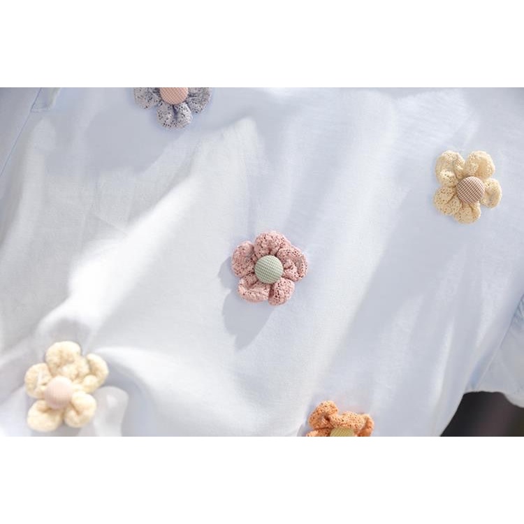 Áo Sơ Mi Cotton Cao Cấp Tay Xòe Thêu Hoa Thời Trang Hàn Quốc Cho Bé Gái 1-7 Tuổi