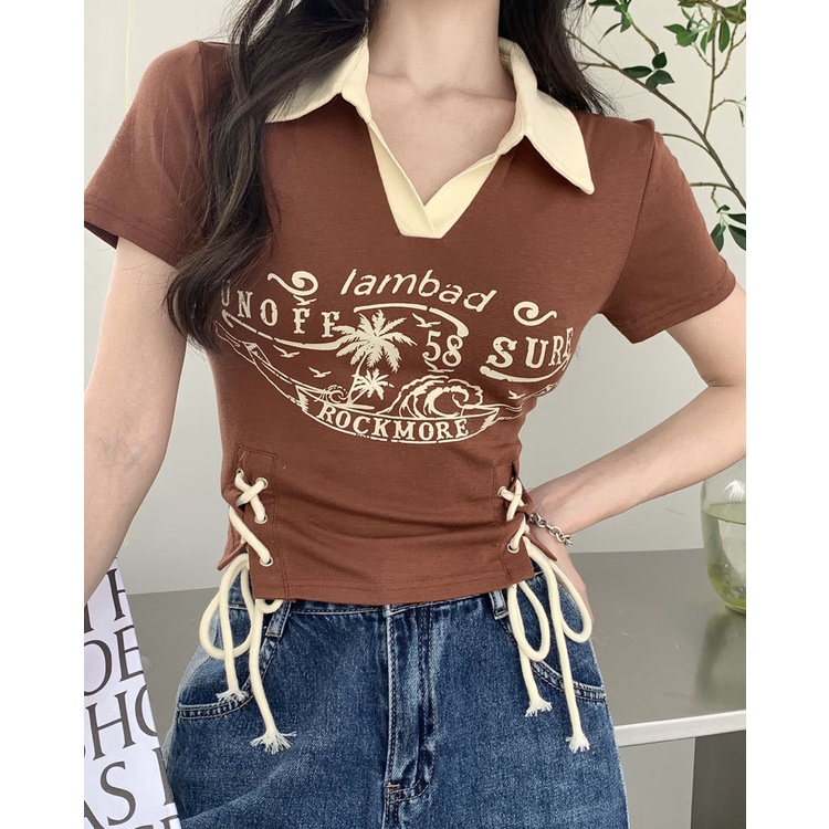 Áo Thun cotton Tay Ngắn Cổ polo In Họa Tiết LALISAS Phong Cách retro Mỹ