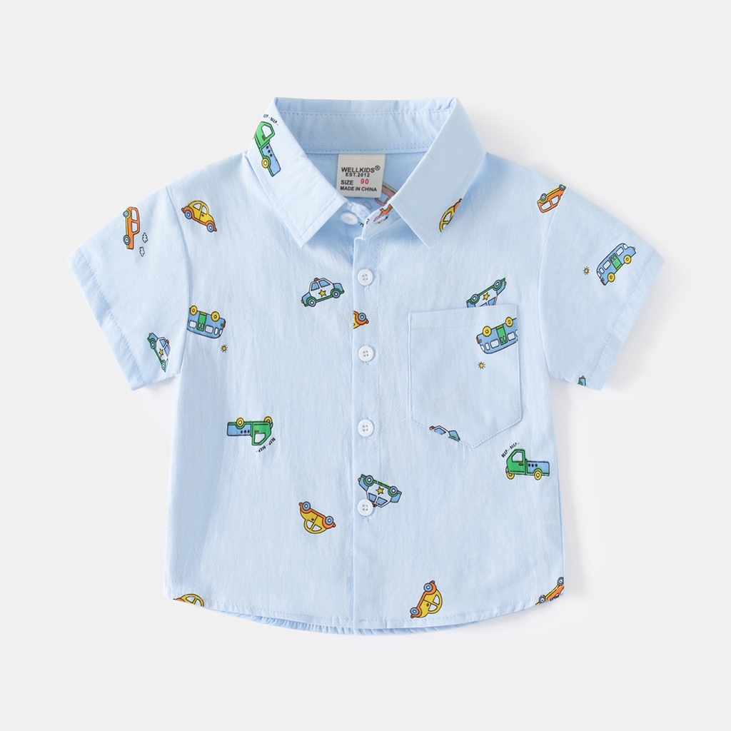 Áo sơ mi cộc tay WELLKIDS bé trai Áo POLO ngắn tay họa tiết ô tô chất siêu đẹp cho trẻ em từ 1-7 tuổi